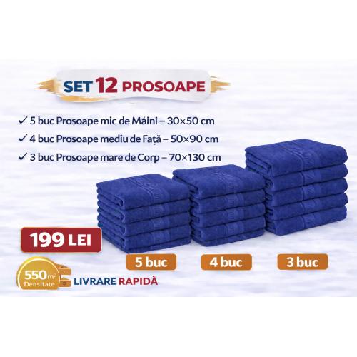 Set 12 Prosoape Maini/Fata/Corp, Bumbac 100%, 550g/m² - ALBASTRU  ROYAL PRS14