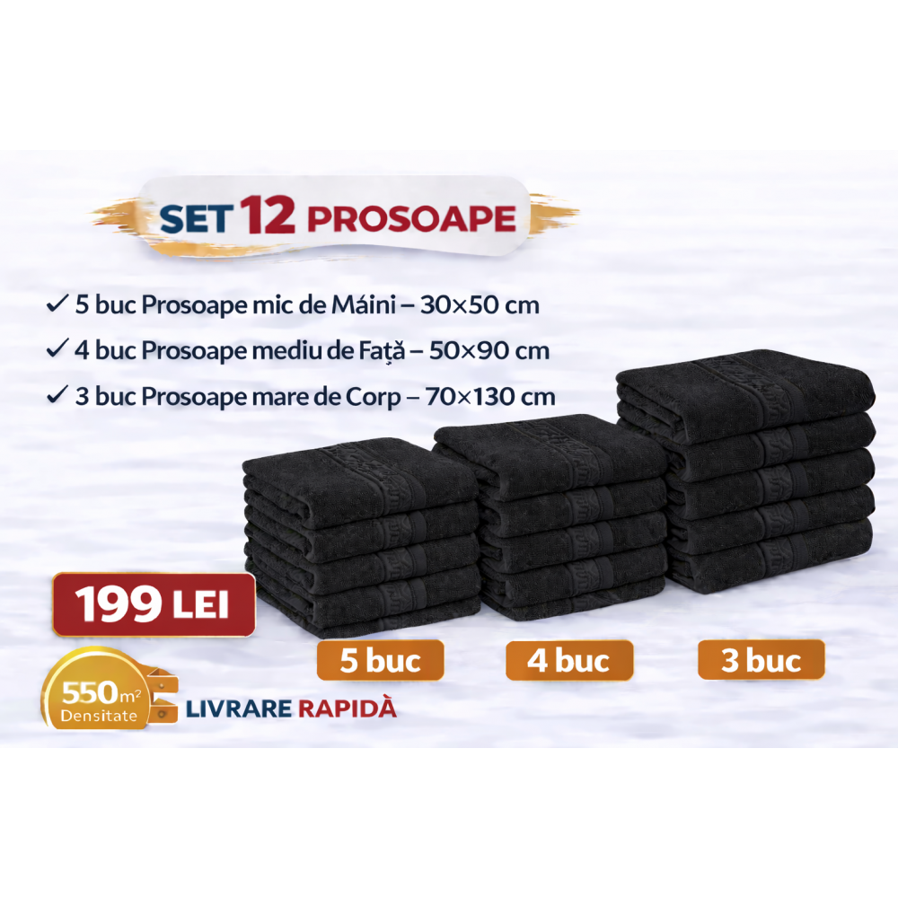 Set 12 Prosoape Maini/Fata/Corp, Bumbac 100%, 550g/m² - NEGRU  PRS15 PROSOAPE