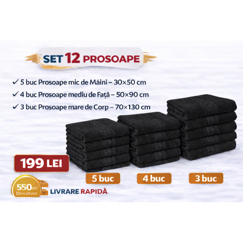 Set 12 Prosoape Maini/Fata/Corp, Bumbac 100%, 550g/m² - NEGRU  PRS15