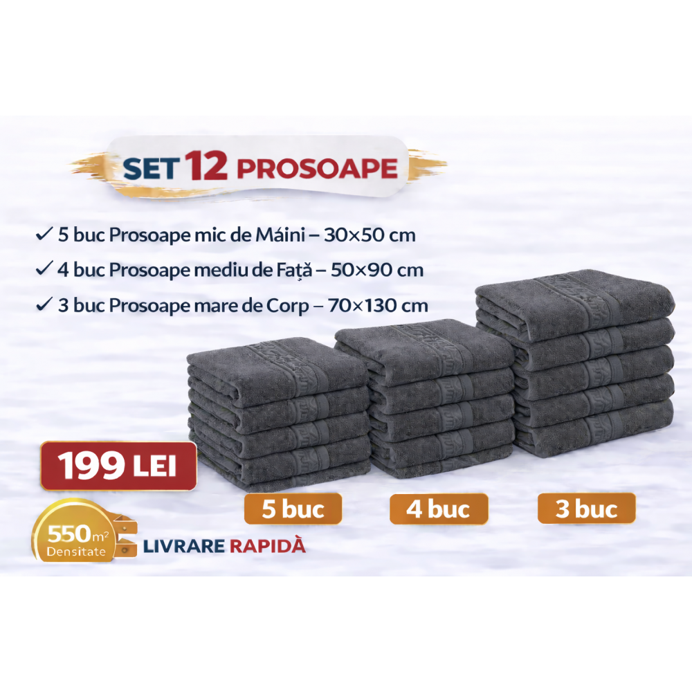 Set 12 Prosoape Maini/Fata/Corp, Bumbac 100%, 550g/m² - GRI INCHIS PRS16 PROSOAPE