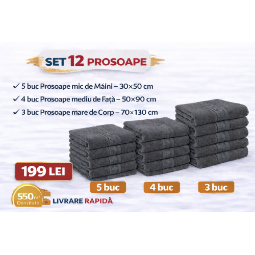 Set 12 Prosoape Maini/Fata/Corp, Bumbac 100%, 550g/m² - GRI INCHIS PRS16