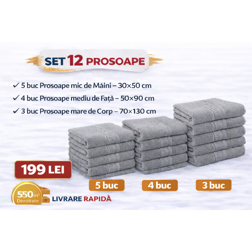 Set 12 Prosoape Maini/Fata/Corp, Bumbac 100%, 550g/m² - GRI DESCHIS PRS17 PROSOAPE