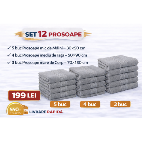 Set 12 Prosoape Maini/Fata/Corp, Bumbac 100%, 550g/m² - GRI DESCHIS PRS17