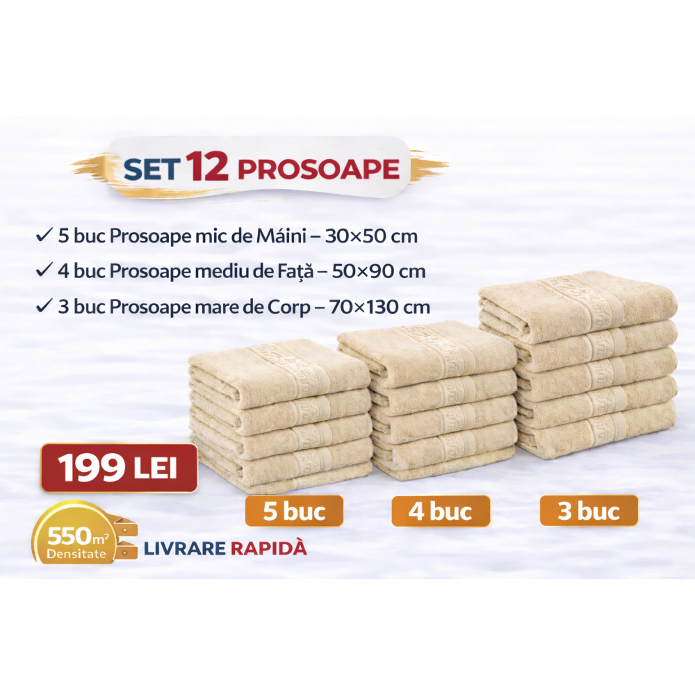 Set 12 Prosoape Maini/Fata/Corp, Bumbac 100%, 550g/m² - BEJ DESCHIS PRS18 PROSOAPE