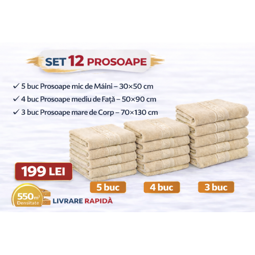 Set 12 Prosoape Maini/Fata/Corp, Bumbac 100%, 550g/m² - BEJ DESCHIS PRS18