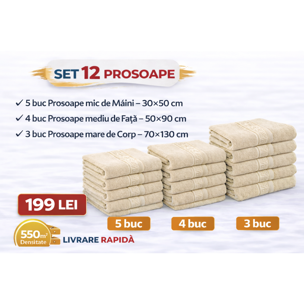 Set 12 Prosoape Maini/Fata/Corp, Bumbac 100%, 550g/m² - BEJ DESCHIS PRS19 PROSOAPE