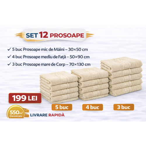 Set 12 Prosoape Maini/Fata/Corp, Bumbac 100%, 550g/m² - IVOIRE  PRS19