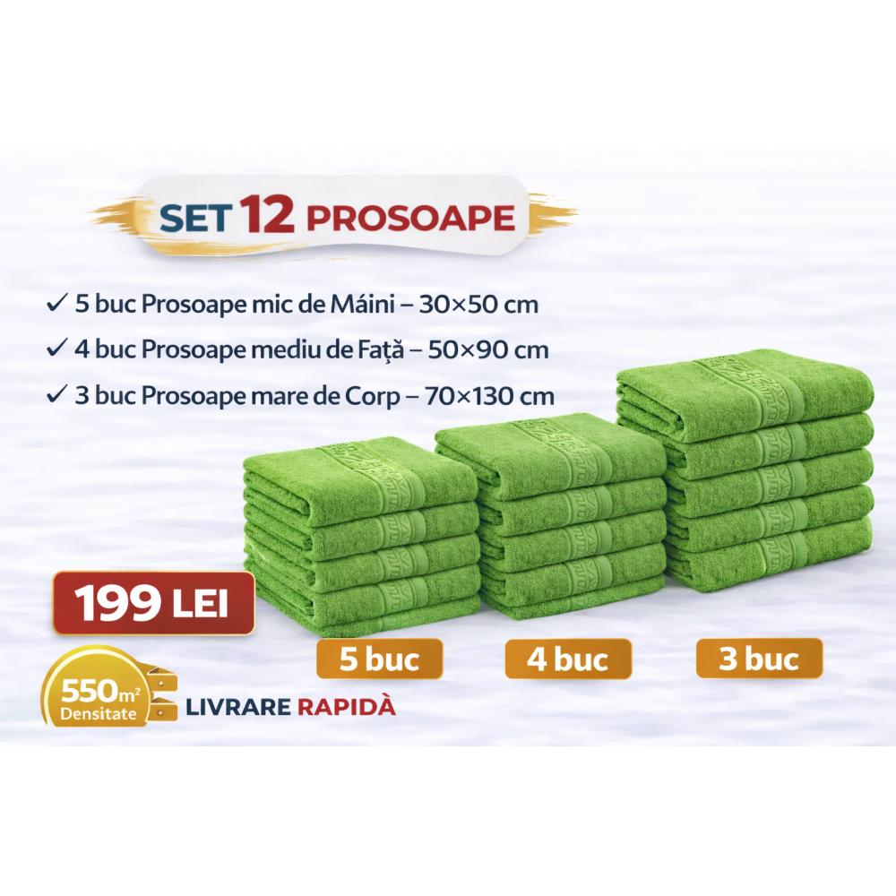 Set 12 Prosoape Maini/Fata/Corp, Bumbac 100%, 550g/m² - VERDE CRUD PRS20 PROSOAPE