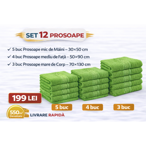 Set 12 Prosoape Maini/Fata/Corp, Bumbac 100%, 550g/m² - VERDE CRUD PRS20