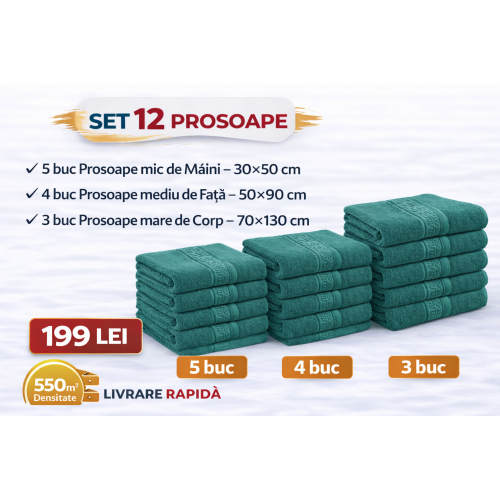 Set 12 Prosoape Maini/Fata/Corp, Bumbac 100%, 550g/m² - VERDE SMARALD PRS21