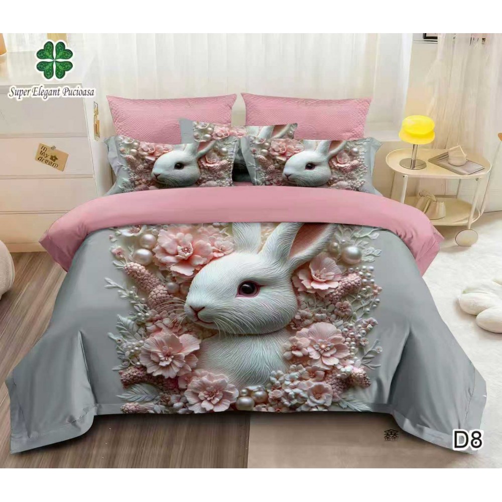 Lenjerie de pat bumbac finet Premium CU ELASTIC – gama 5D – 6 piese D8 LENJERII DIN FINET 5D