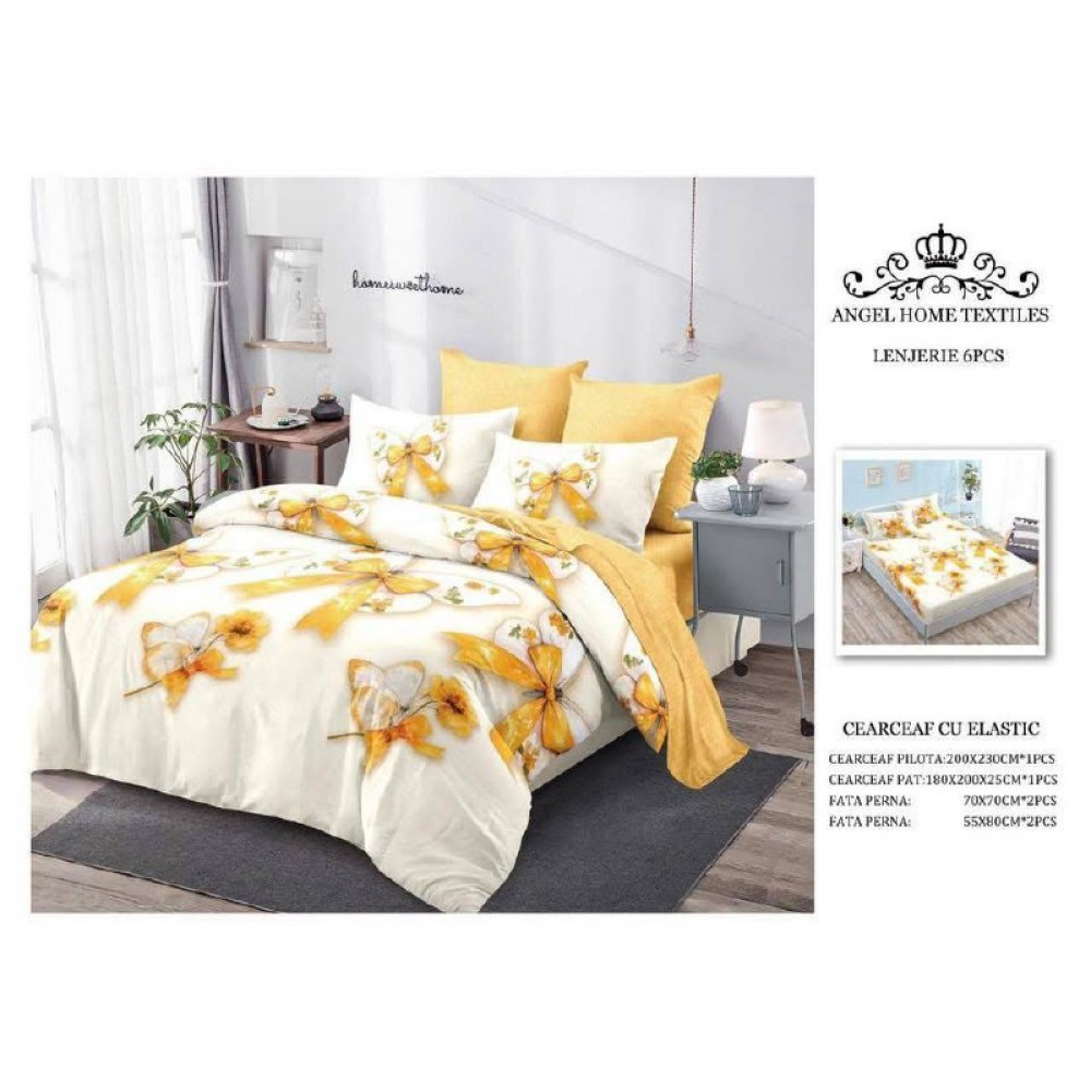 Lenjerie de Pat 6 Piese – Pat Dublu (Cearceaf cu Elastic) 180X200 CM , L6PM2 Lenjerii din finet 6 piese cu  elastic