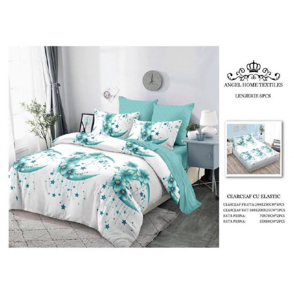 Lenjerie de Pat 6 Piese – Pat Dublu (Cearceaf cu Elastic) 180X200 CM , L6PM3 Lenjerii din finet 6 piese cu  elastic