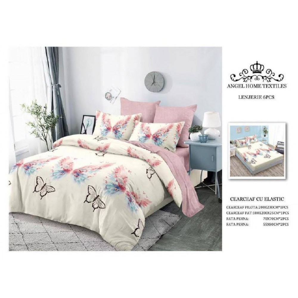 Lenjerie de Pat 6 Piese – Pat Dublu (Cearceaf cu Elastic) 180X200 CM , L6PM4 Lenjerii din finet 6 piese cu  elastic