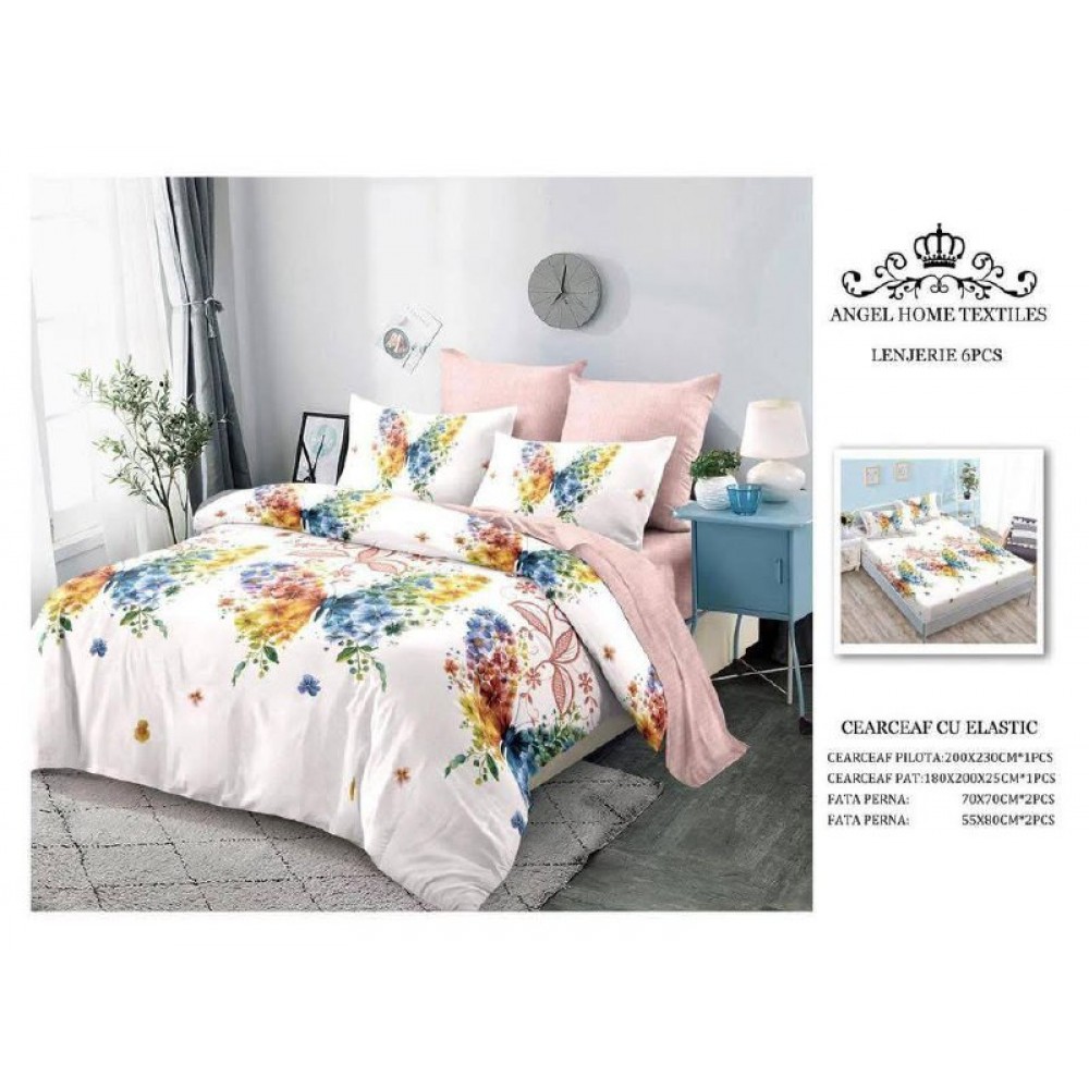 Lenjerie de Pat 6 Piese – Pat Dublu (Cearceaf cu Elastic) 180X200 CM , L6PM5 Lenjerii din finet 6 piese cu  elastic