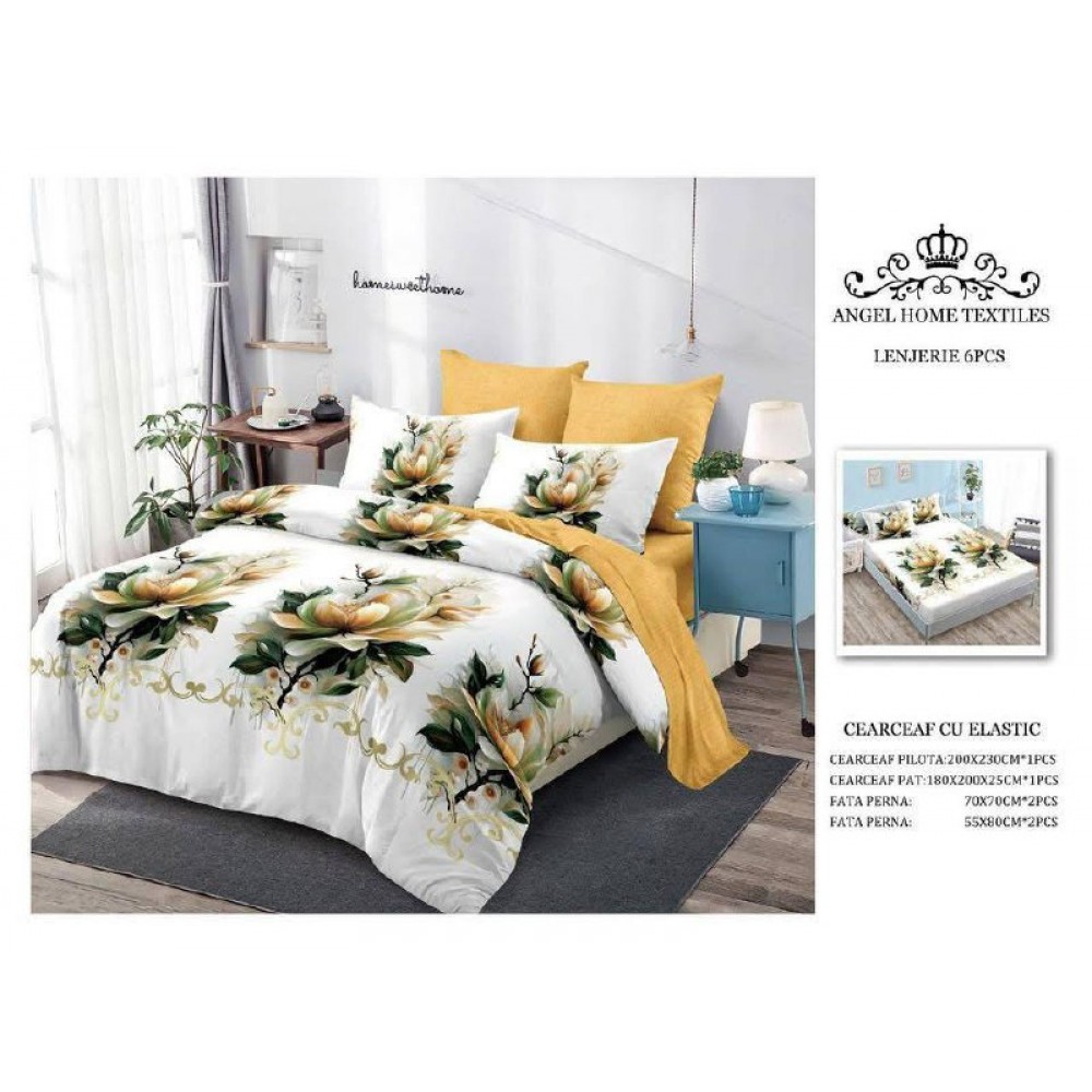 Lenjerie de Pat 6 Piese – Pat Dublu (Cearceaf cu Elastic) 180X200 CM , L6PM6 Lenjerii din finet 6 piese cu  elastic