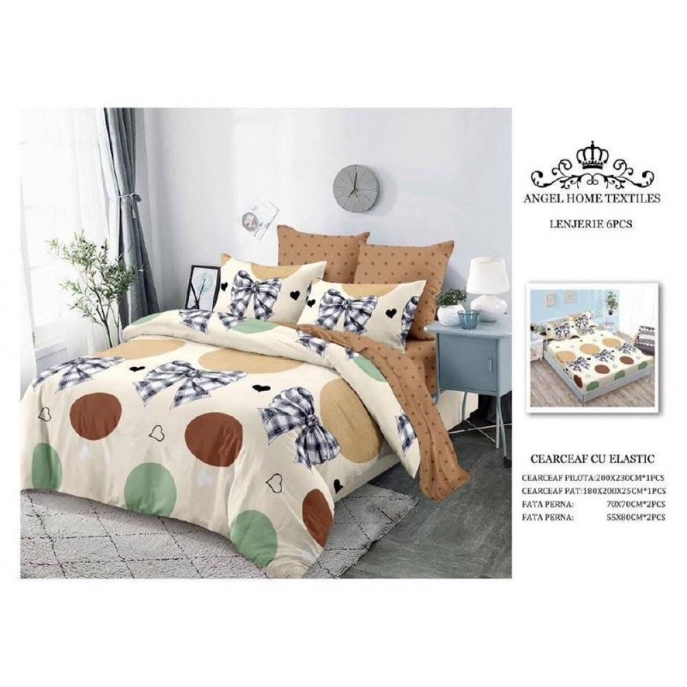 Lenjerie de Pat 6 Piese – Pat Dublu (Cearceaf cu Elastic) 180X200 CM , L6PM7 Lenjerii din finet 6 piese cu  elastic