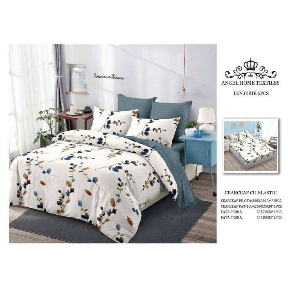 Lenjerie de Pat 6 Piese – Pat Dublu (Cearceaf cu Elastic) 180X200 CM , L6PM8 Lenjerii din finet 6 piese cu  elastic