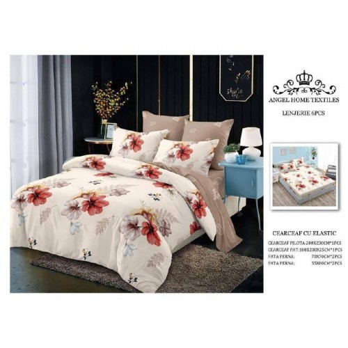 Lenjerie de Pat 6 Piese – Pat Dublu (Cearceaf cu Elastic) 180X200 CM , L6PM9