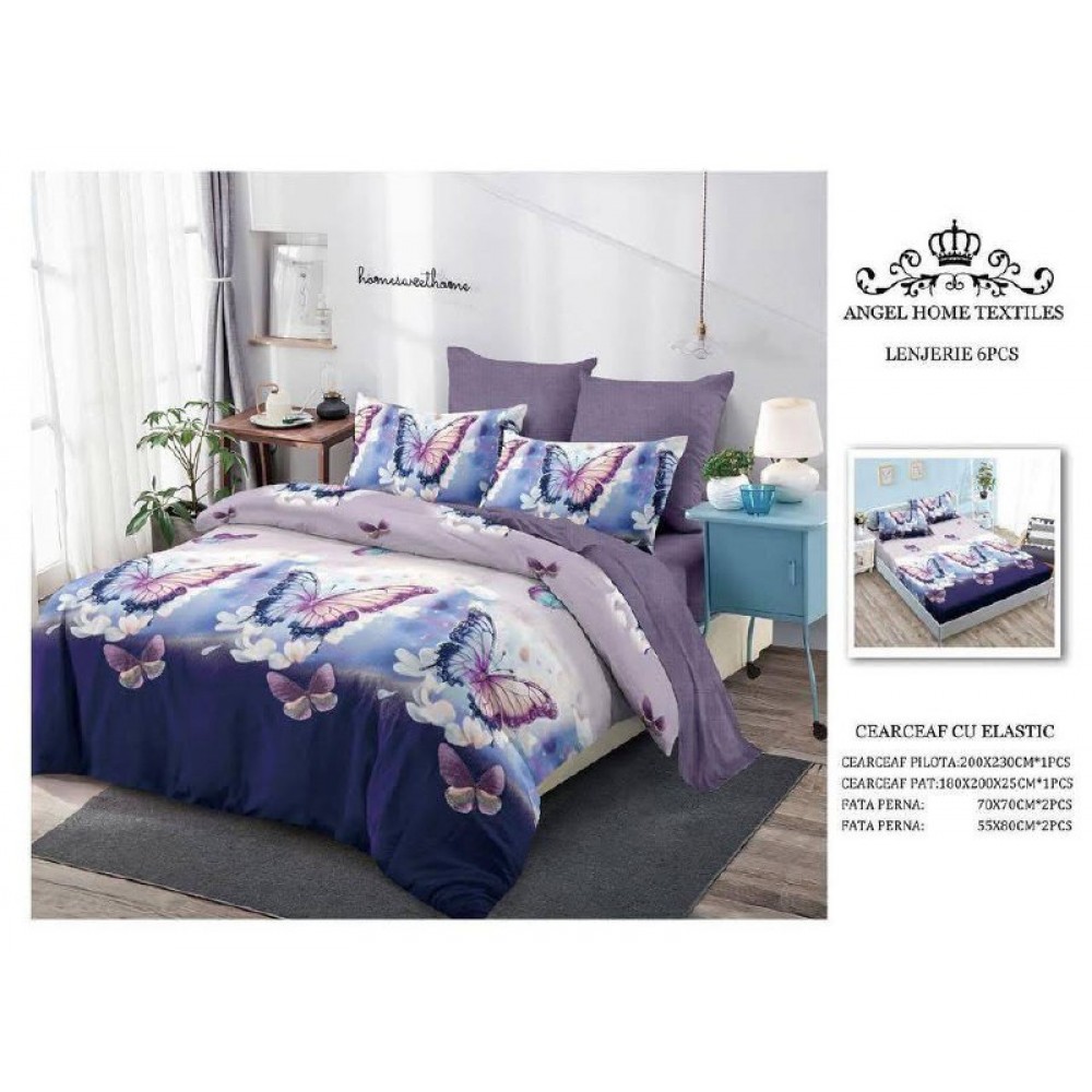 Lenjerie de Pat 6 Piese – Pat Dublu (Cearceaf cu Elastic) 180X200 CM , L6PM11 Lenjerii din finet 6 piese cu  elastic