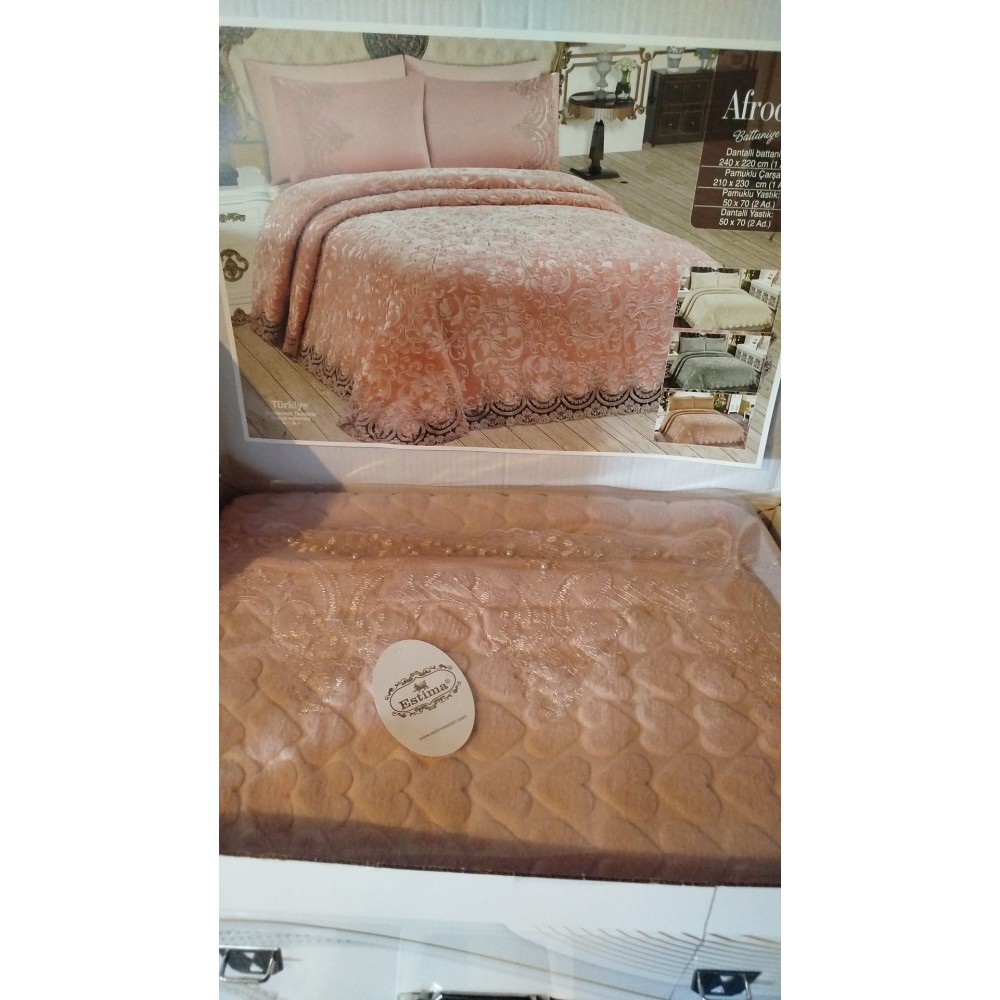 Cuvertura de lux cu broderie eleganta, 6 piese, pat 2 persoane, roz pudra model inimioare, CL6PL13 CUVERTURI LUX 6 PIESE  CATIFEA