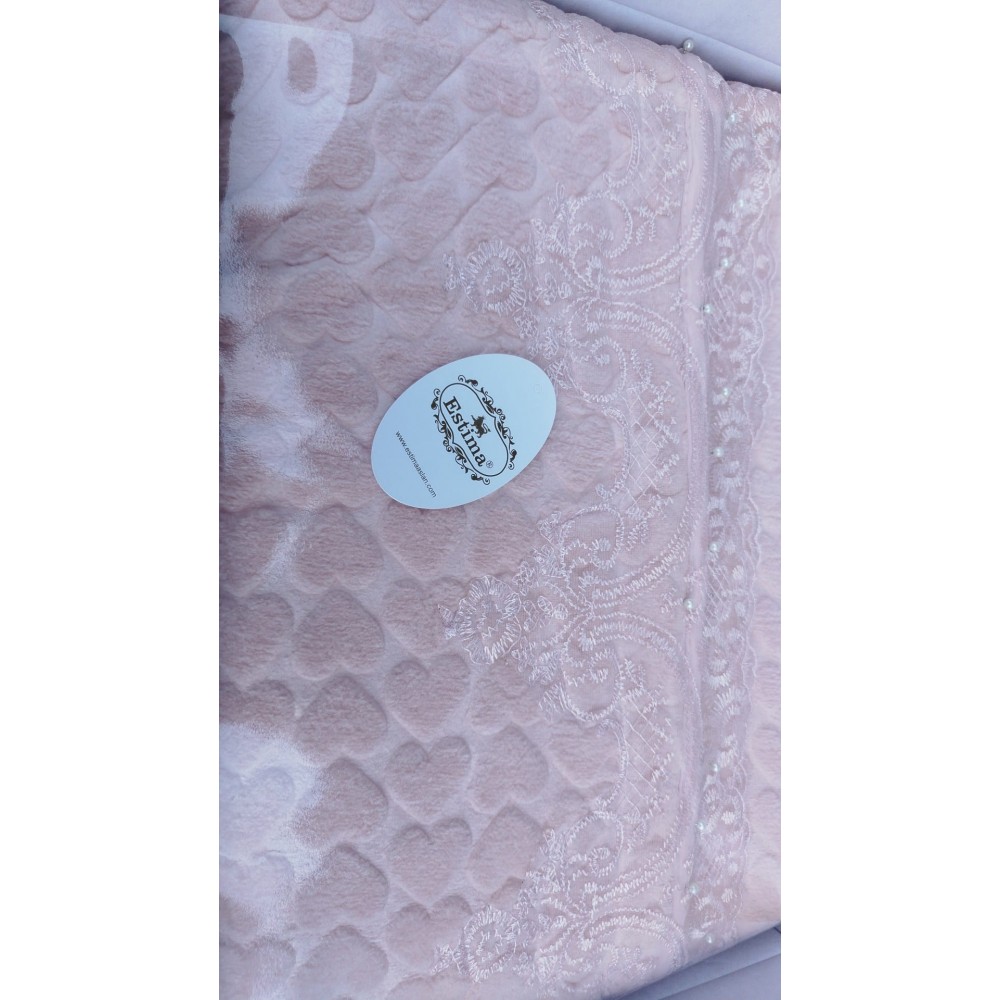 Cuvertura de lux cu broderie eleganta, 6 piese, pat 2 persoane, roz pudra model inimioare, CL6PL13 CUVERTURI LUX 6 PIESE  CATIFEA
