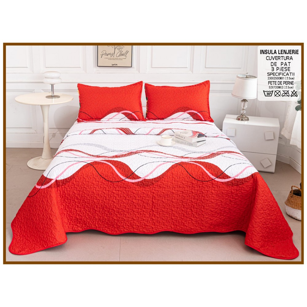 Cuvertura cu DOUĂ FEȚE pentru pat dublu din Bumbac Satinat cu model, Matlasata, 230x250cm, CVT56 Cuverturi matlasate 3 piese