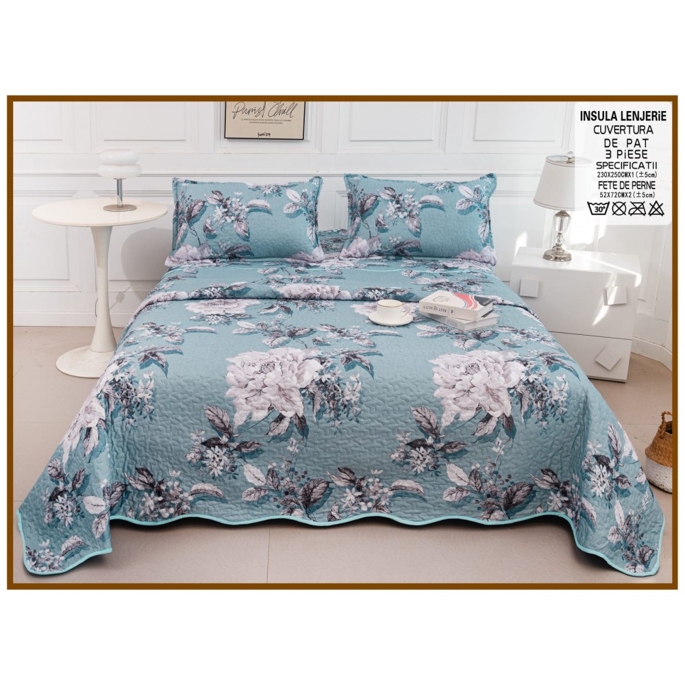 Cuvertura cu DOUĂ FEȚE pentru pat dublu din Bumbac Satinat cu model, Matlasata, 230x250cm, CVT57 Cuverturi matlasate 3 piese