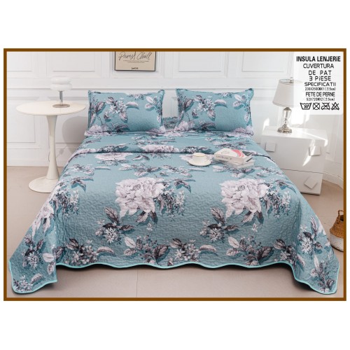 Cuvertura cu DOUĂ FEȚE pentru pat dublu din Bumbac Satinat cu model, Matlasata, 230x250cm, CVT57