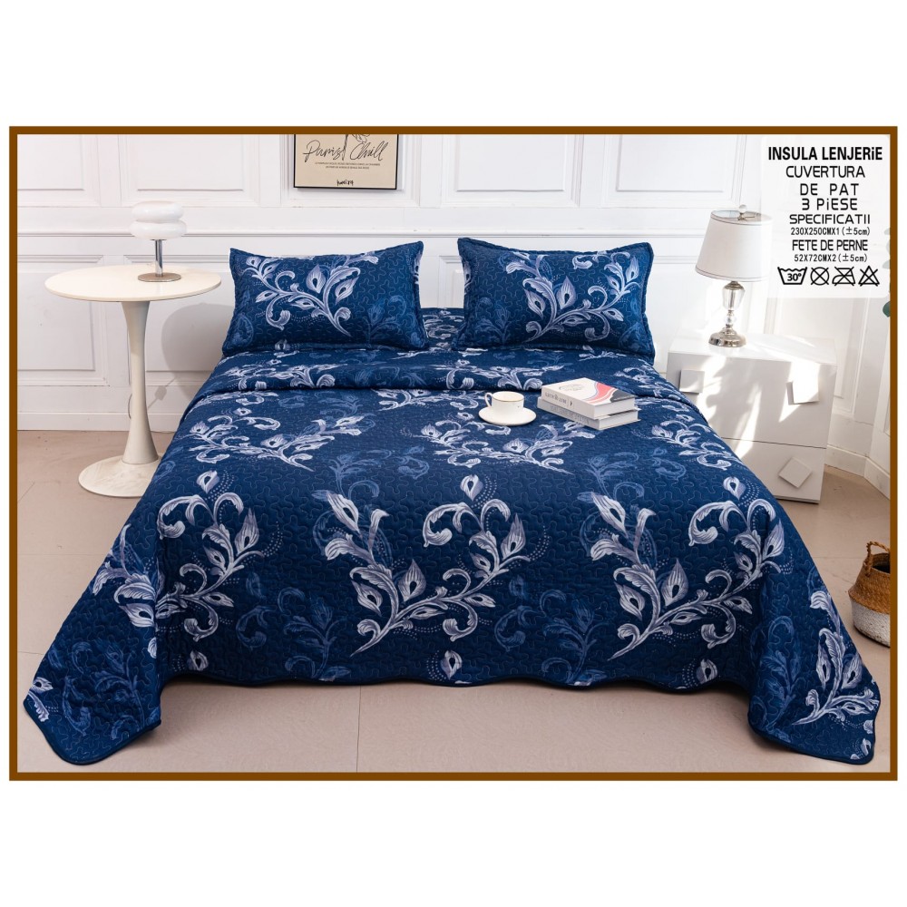 Cuvertura cu DOUĂ FEȚE pentru pat dublu din Bumbac Satinat cu model, Matlasata, 230x250cm, CVT58 Cuverturi matlasate 3 piese