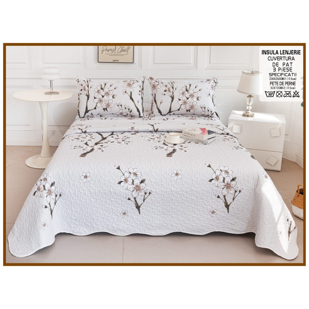 Cuvertura cu DOUĂ FEȚE pentru pat dublu din Bumbac Satinat cu model, Matlasata, 230x250cm, CVT59 Cuverturi matlasate 3 piese