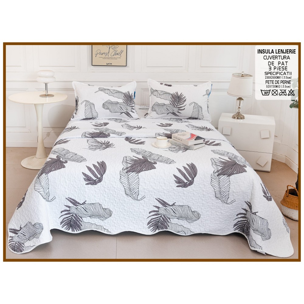 Cuvertura cu DOUĂ FEȚE pentru pat dublu din Bumbac Satinat cu model, Matlasata, 230x250cm, CVT60 Cuverturi matlasate 3 piese