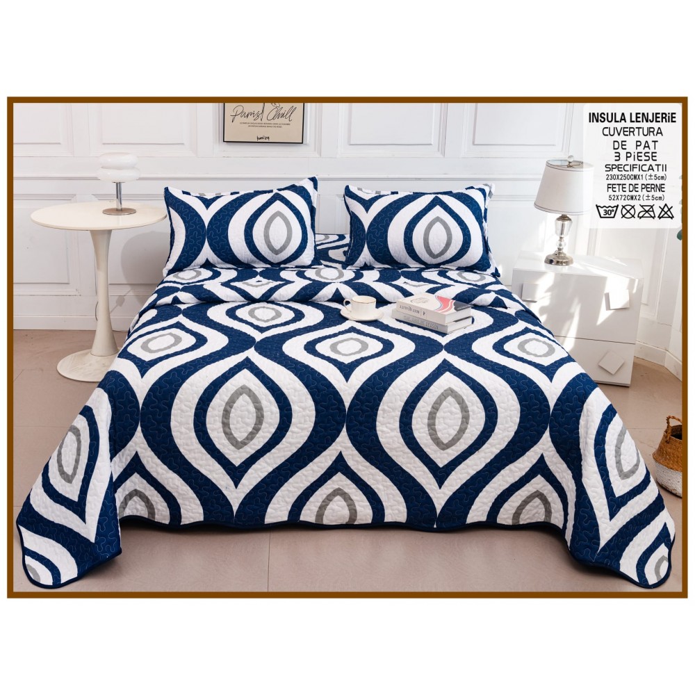 Cuvertura cu DOUĂ FEȚE pentru pat dublu din Bumbac Satinat cu model, Matlasata, 230x250cm, CVT61 Cuverturi matlasate 3 piese