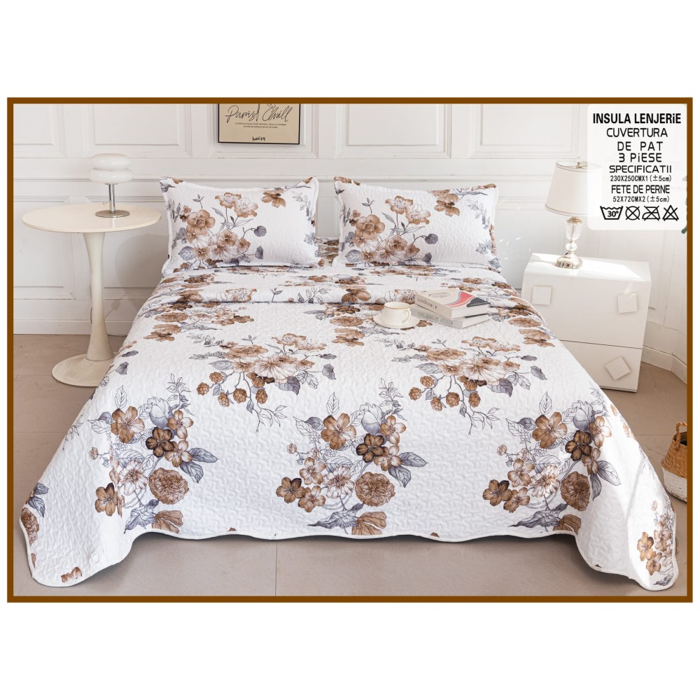 Cuvertura cu DOUĂ FEȚE pentru pat dublu din Bumbac Satinat cu model, Matlasata, 230x250cm, CVT62 Cuverturi matlasate 3 piese