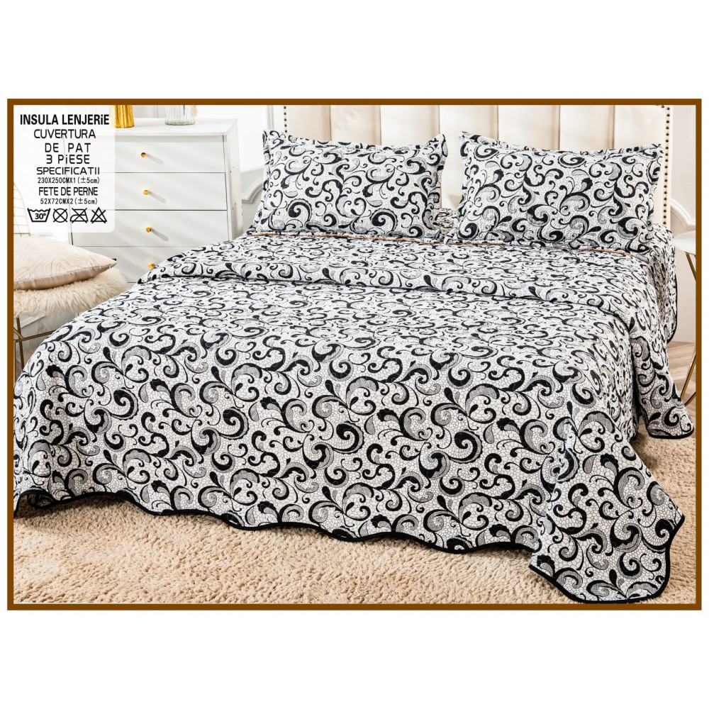 Cuvertura cu DOUĂ FEȚE pentru pat dublu din Bumbac Satinat cu model, Matlasata, 230x250cm, CVT64 Cuverturi matlasate 3 piese