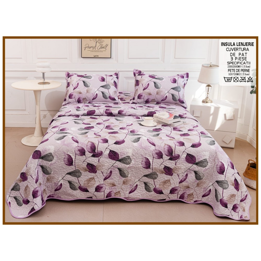 Cuvertura cu DOUĂ FEȚE pentru pat dublu din Bumbac Satinat cu model, Matlasata, 230x250cm, CVT65 Cuverturi matlasate 3 piese