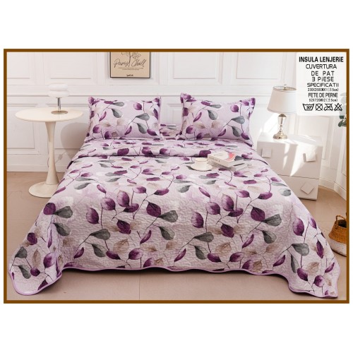 Cuvertura cu DOUĂ FEȚE pentru pat dublu din Bumbac Satinat cu model, Matlasata, 230x250cm, CVT65