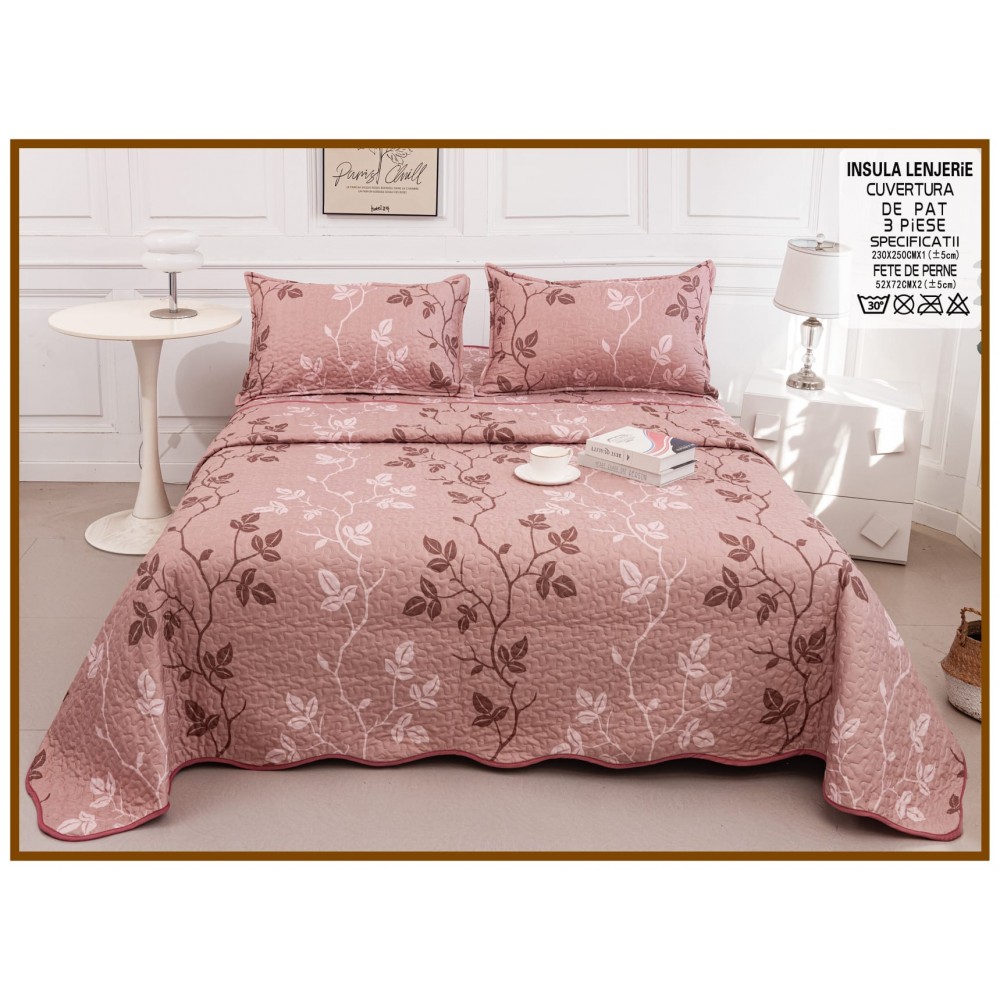 Cuvertura cu DOUĂ FEȚE pentru pat dublu din Bumbac Satinat cu model, Matlasata, 230x250cm, CVT67 Cuverturi matlasate 3 piese