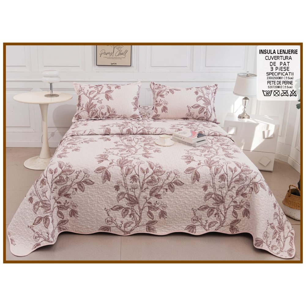 Cuvertura cu DOUĂ FEȚE pentru pat dublu din Bumbac Satinat cu model, Matlasata, 230x250cm, CVT68 Cuverturi matlasate 3 piese