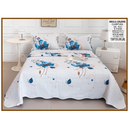 Cuvertura cu DOUĂ FEȚE pentru pat dublu din Bumbac Satinat cu model, Matlasata, 230x250cm, CVT69