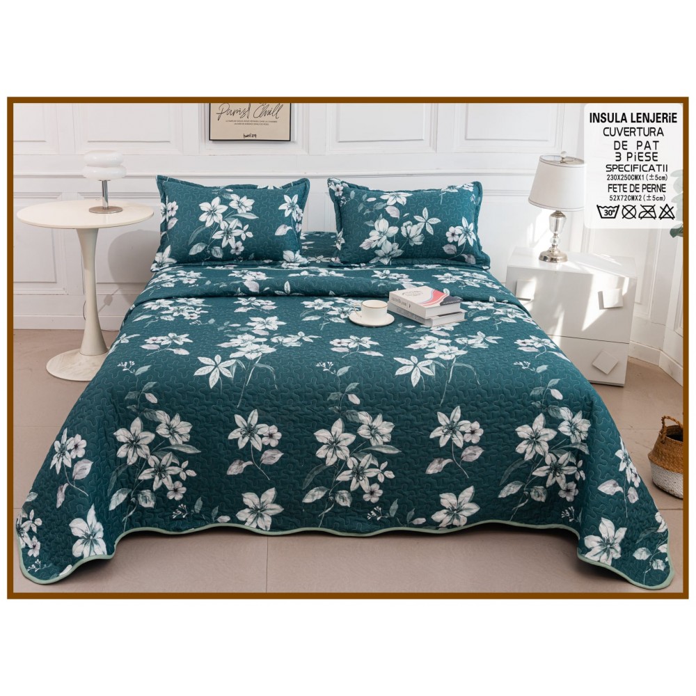 Cuvertura cu DOUĂ FEȚE pentru pat dublu din Bumbac Satinat cu model, Matlasata, 230x250cm, CVT70 Cuverturi matlasate 3 piese
