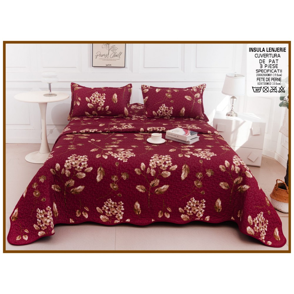 Cuvertura cu DOUĂ FEȚE pentru pat dublu din Bumbac Satinat cu model, Matlasata, 230x250cm, CVT72 Cuverturi matlasate 3 piese