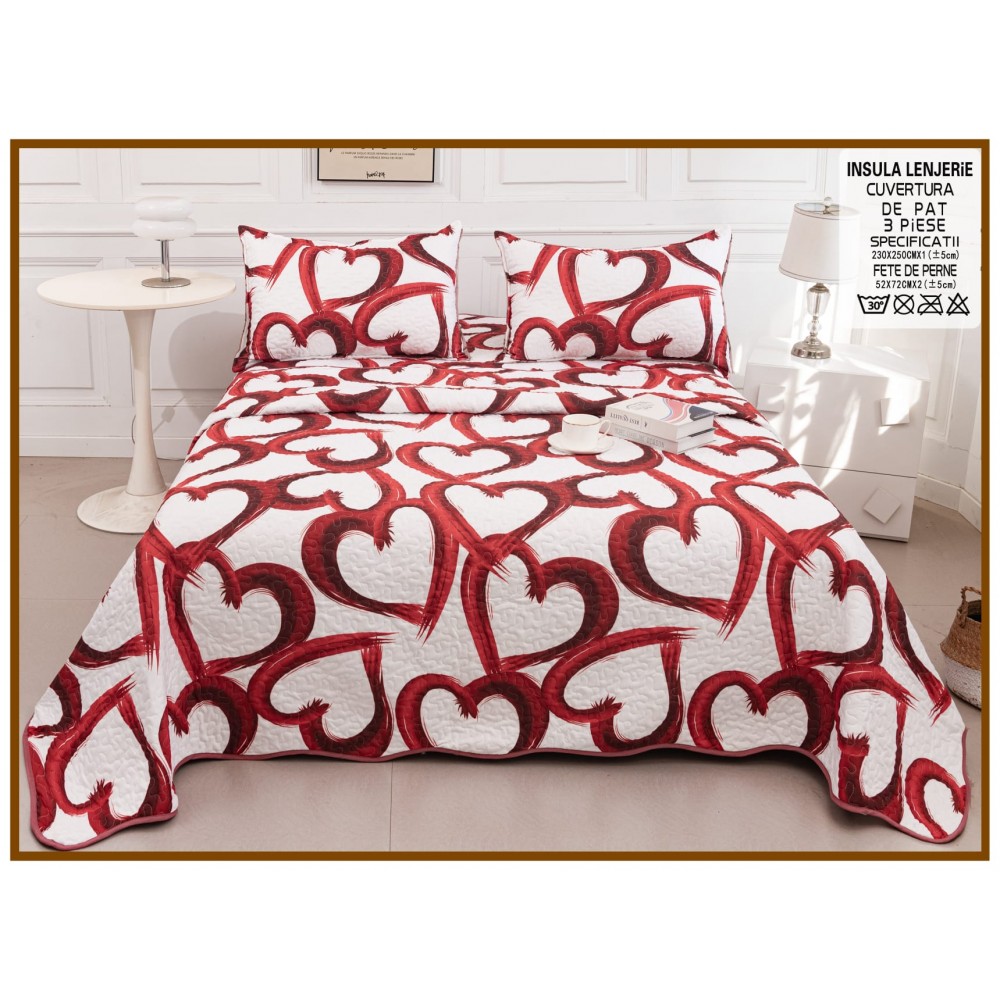 Cuvertura cu DOUĂ FEȚE pentru pat dublu din Bumbac Satinat cu model, Matlasata, 230x250cm, CVT73 Cuverturi matlasate 3 piese