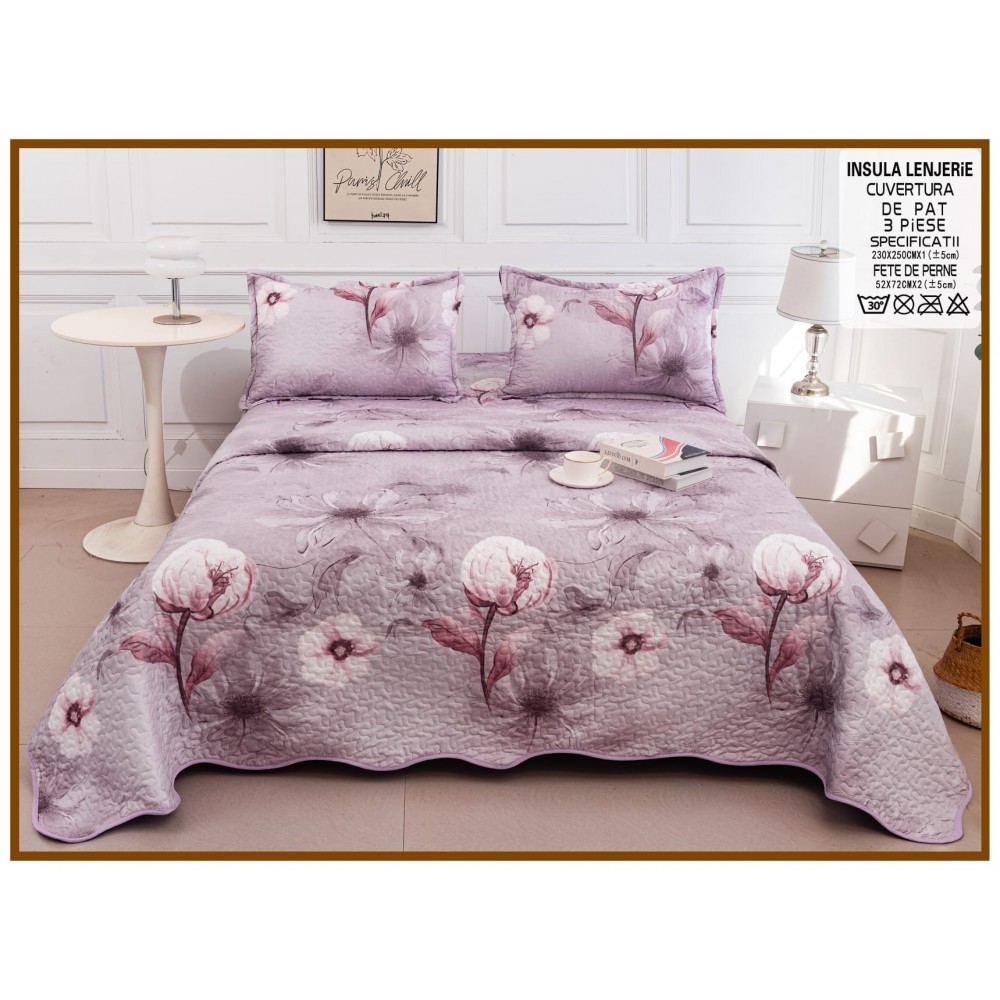 Cuvertura cu DOUĂ FEȚE pentru pat dublu din Bumbac Satinat cu model, Matlasata, 230x250cm, CVT74 Cuverturi matlasate 3 piese