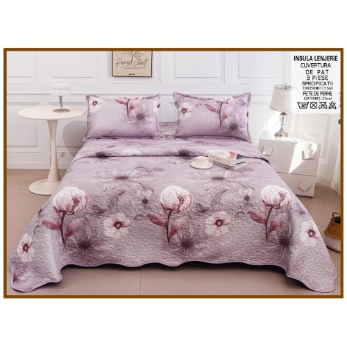 Cuvertura cu DOUĂ FEȚE pentru pat dublu din Bumbac Satinat cu model, Matlasata, 230x250cm, CVT74