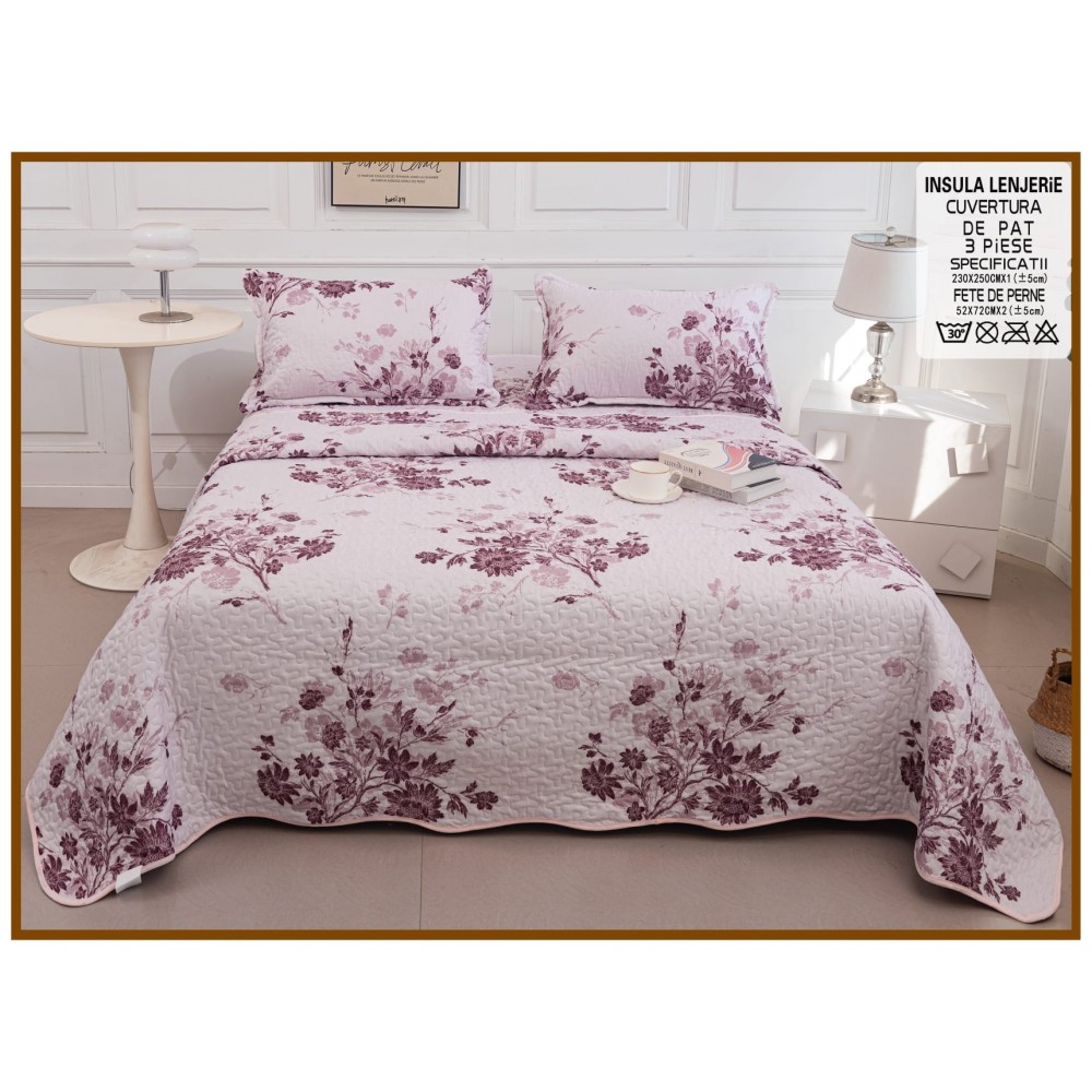 Cuvertura cu DOUĂ FEȚE pentru pat dublu din Bumbac Satinat cu model, Matlasata, 230x250cm, CVT75 Cuverturi matlasate 3 piese