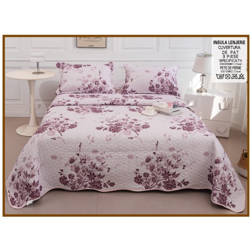 Cuvertura cu DOUĂ FEȚE pentru pat dublu din Bumbac Satinat cu model, Matlasata, 230x250cm, CVT75