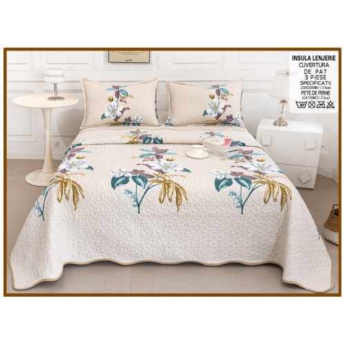 Cuvertura cu DOUĂ FEȚE pentru pat dublu din Bumbac Satinat cu model, Matlasata, 230x250cm, CVT76
