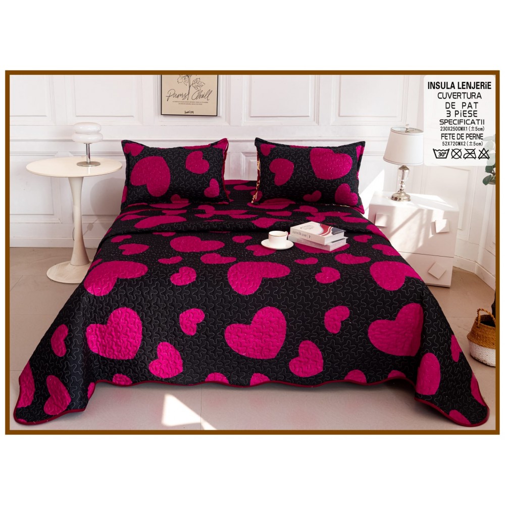 Cuvertura cu DOUĂ FEȚE pentru pat dublu din Bumbac Satinat cu model, Matlasata, 230x250cm, CVT77 Cuverturi matlasate 3 piese
