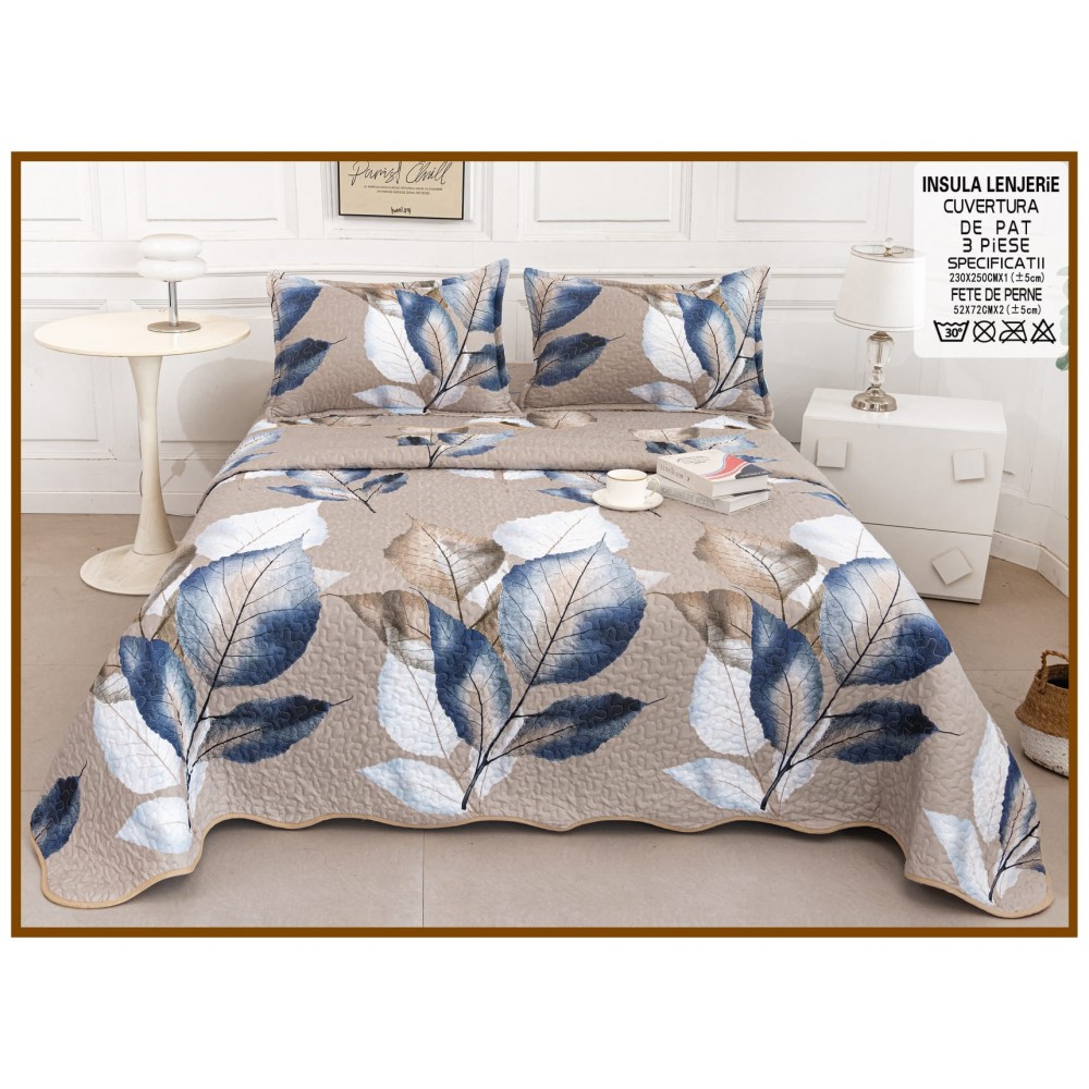 Cuvertura cu DOUĂ FEȚE pentru pat dublu din Bumbac Satinat cu model, Matlasata, 230x250cm, CVT78 Cuverturi matlasate 3 piese